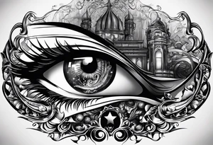 In the reflection of a eye two black siloets of people holding guns one man dead on the ground with a wounded woman standing behind him tattoo idea
