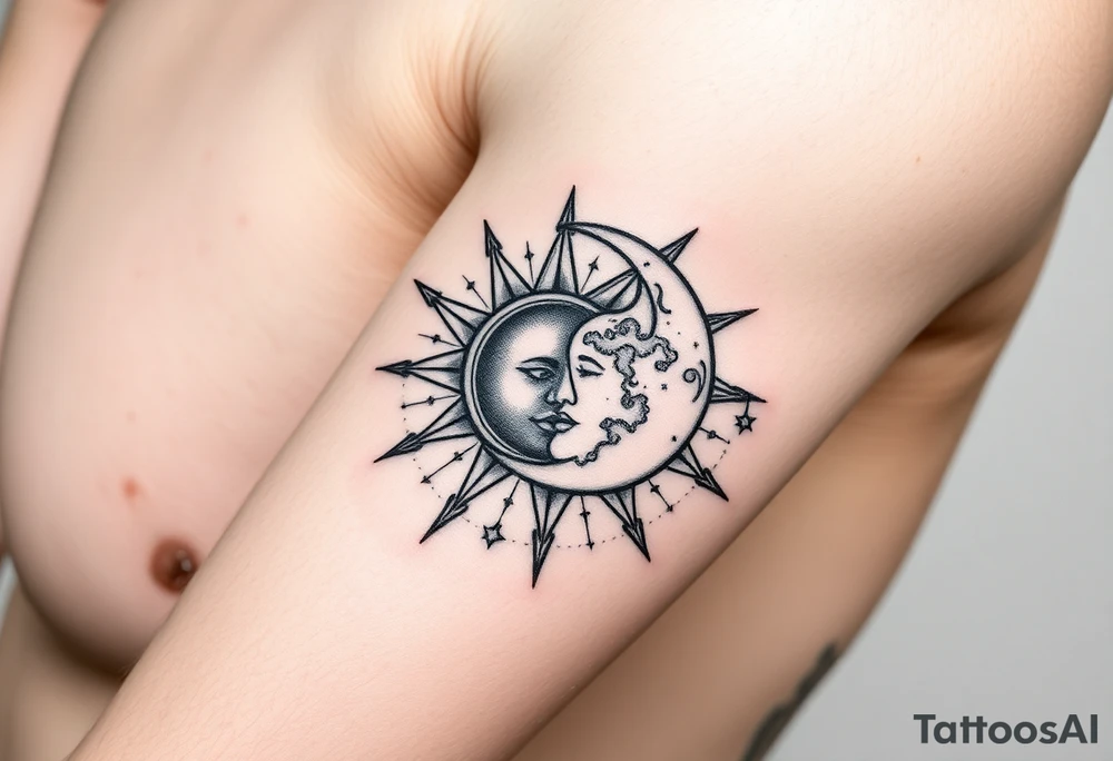 celestial sun and moon embrace with constellation patterns tattoo idea celestial sun and moon embrace with constellation patterns tattoo idea