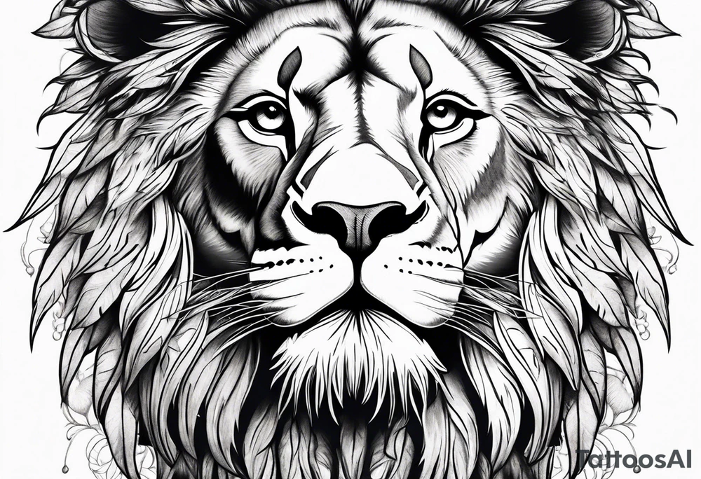 elegant lion with feathers floral tattoo idea