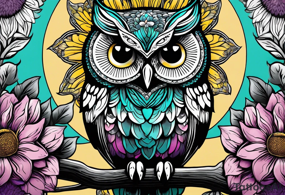 Black and white owl shaded teal, pink and purple surrounded by yellow sunflowers sleeve tattoo idea