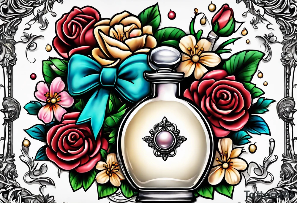 Pearl necklace wrapped around 1950s perfume bottle with flowers and bows surrounding tattoo idea