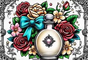 Pearl necklace wrapped around 1950s perfume bottle with flowers and bows surrounding tattoo idea