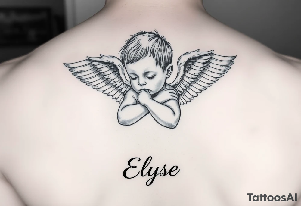 Create baby angle with closed wings, hand crossed and her name Elyse in the image
Again tattoo idea