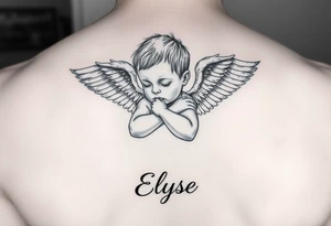 Create baby angle with closed wings, hand crossed and her name Elyse in the image
Again tattoo idea