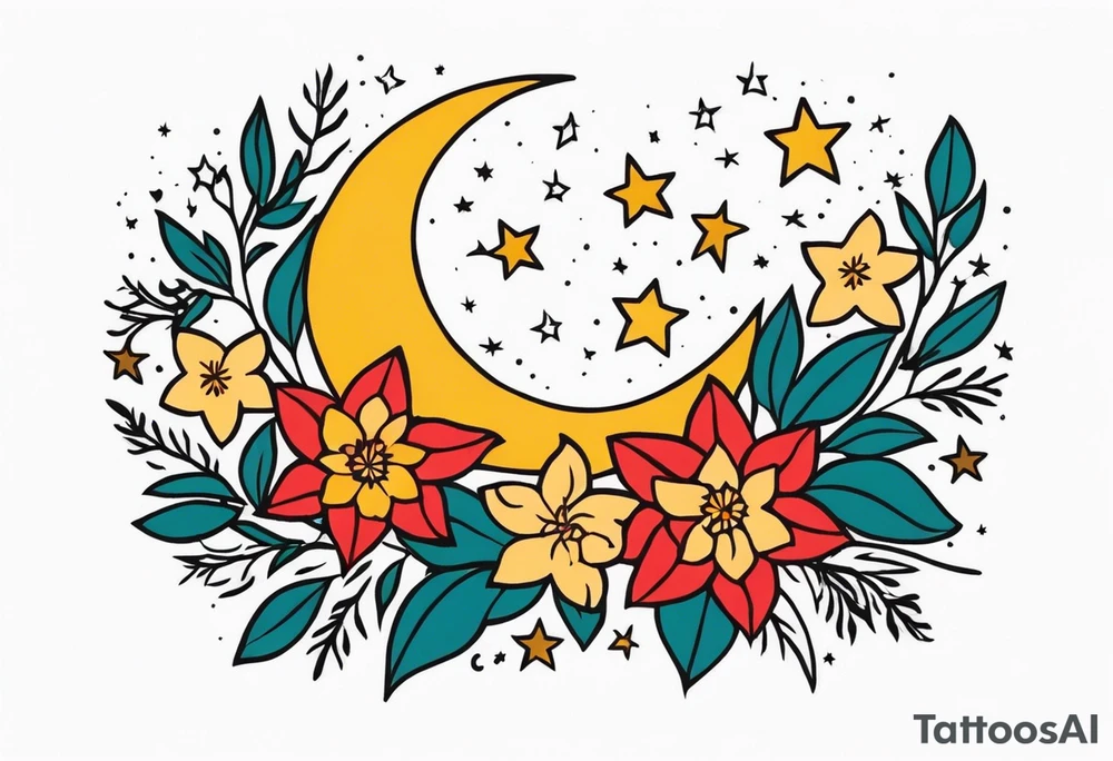 stars and moon

old school vintage simple traditional design with vintage flowers surrounding
bold color simple tattoo idea