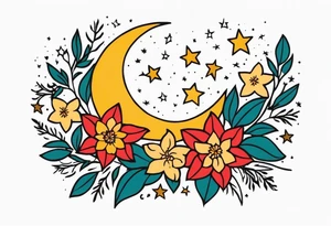 stars and moon

old school vintage simple traditional design with vintage flowers surrounding
bold color simple tattoo idea