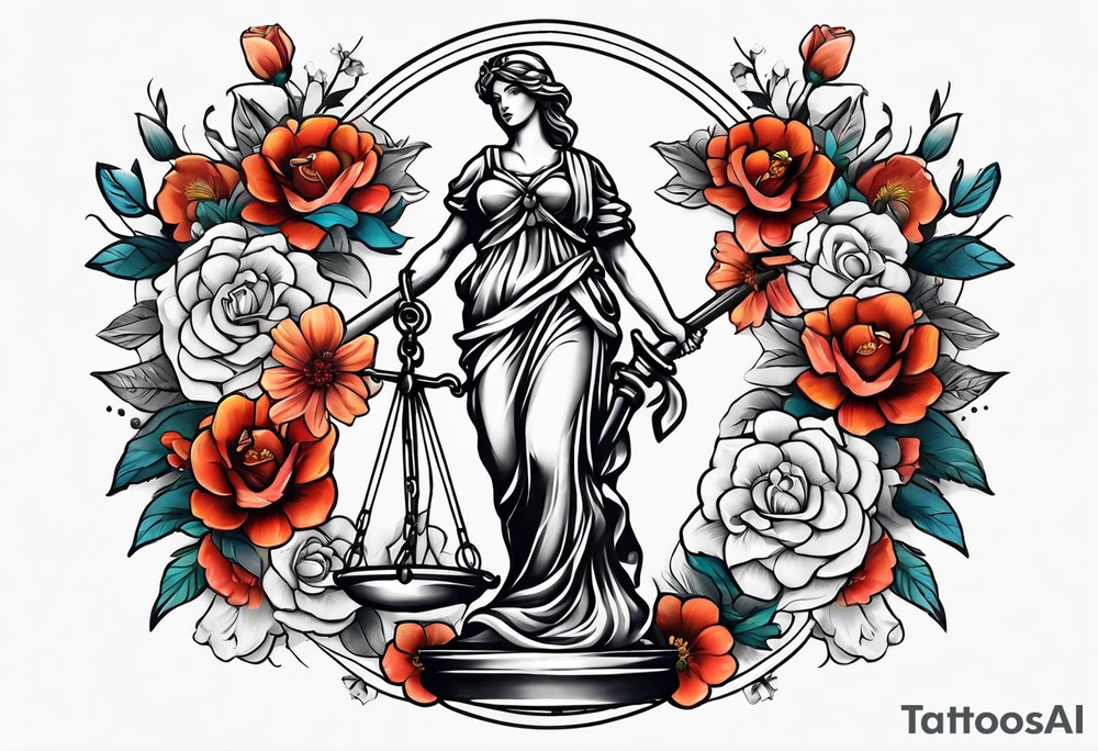 Sleeve with lady justice and flowers tattoo idea