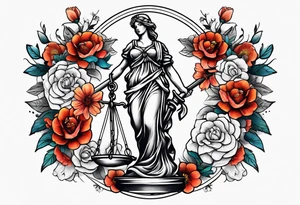 Sleeve with lady justice and flowers tattoo idea