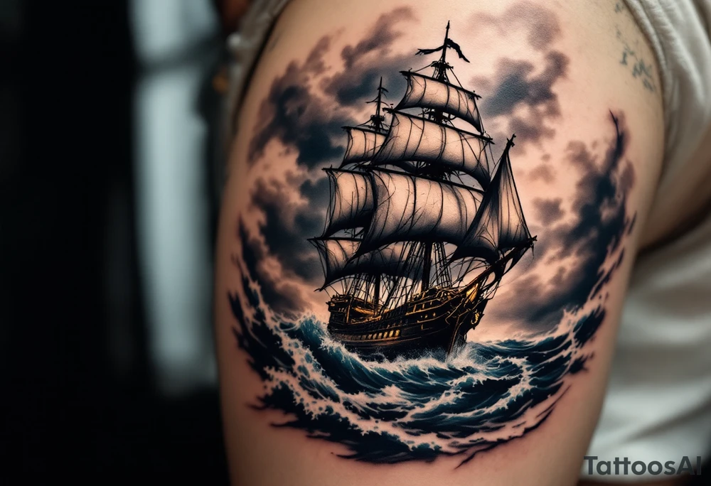 A majestic pirate ship, the Black Pearl, sailing through turbulent waves under a dark stormy sky. The sails are tattered, and the ship's outline is detailed in black ink with hints of deep navy blue and stormy gray waves crashing around. Deep navy blue, stormy gray, black, soft hints of golden accents on the ship’s details. tattoo idea