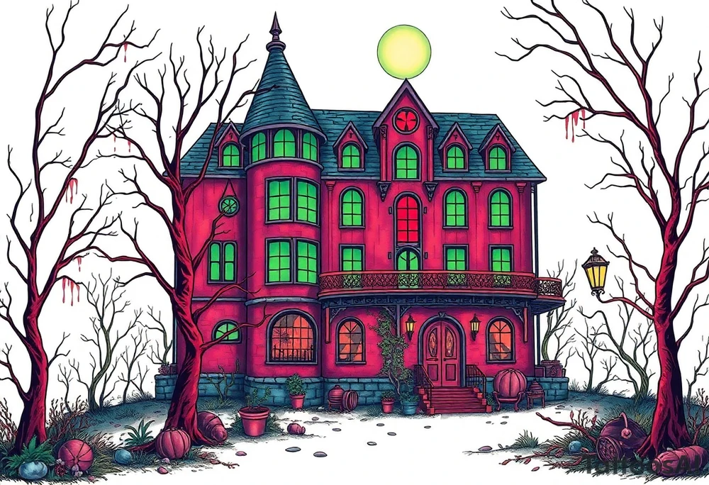 Tim Burton’s sex hotel from outside viewis abandoned and dripping with muted reds, dusty pinks, and eerie green glow. tattoo idea tattoo idea