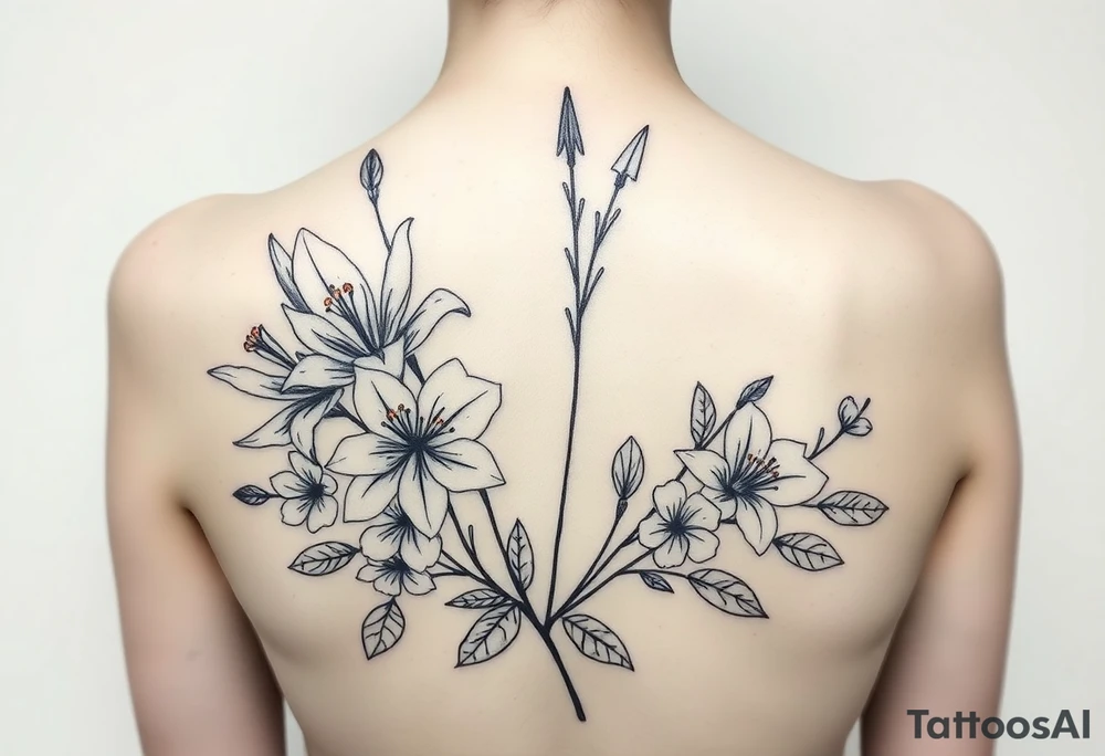 lilies, cherry blossoms and arrowhead plant in a floral wrap tattoo idea