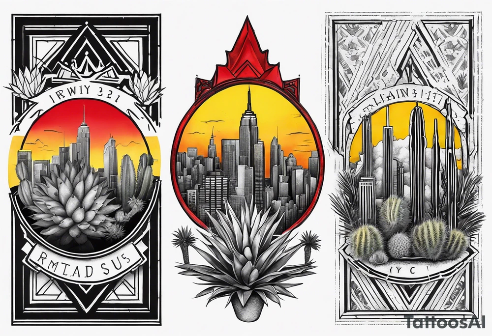 Crest with a hood on top,
13 rays of red and weld-yellow on the top half. NYC sky line
a cactus on the left side and a royal palm on the right side tattoo idea
