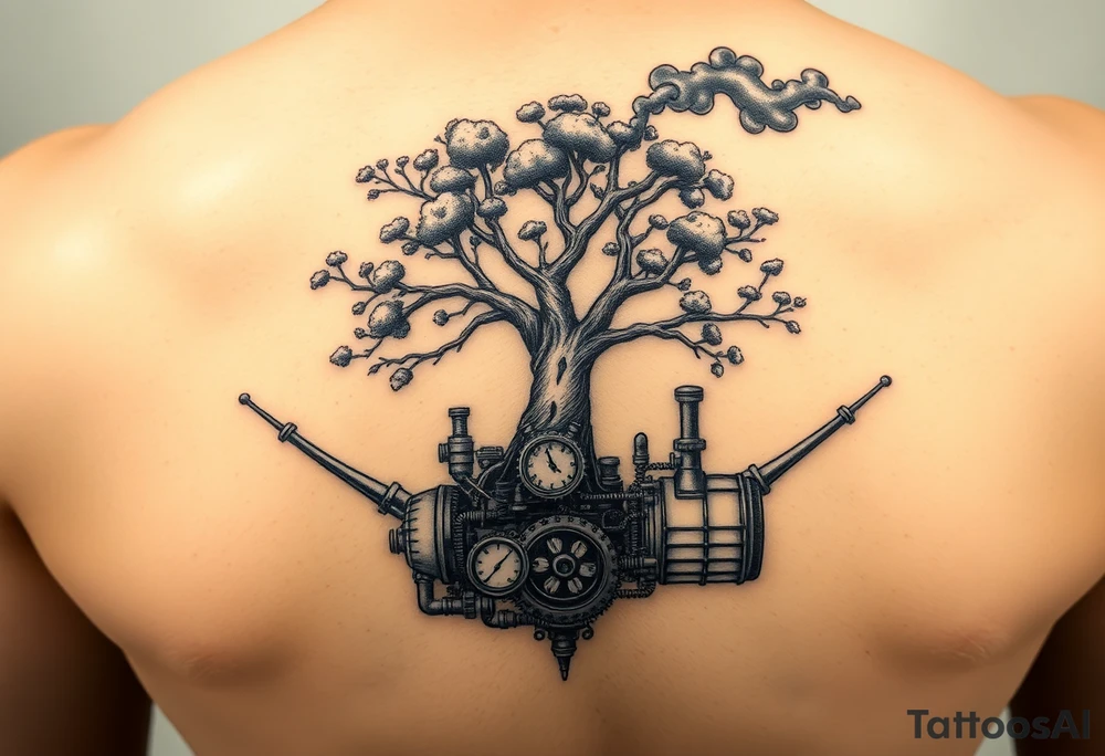 tree growing out of a v shaped engine with lots of pipes, guages and steam around the engine 
 with a smoke stack coming out of the top 
 billowing black smoke as if the tree and engine were a flying machine
 with a steam punk vibe tattoo idea