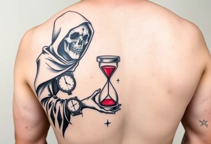 Simple grim reaper looking at a watch on his wrist with a hourglass with red sand and diamond geometric shapes for the thigh tattoo idea