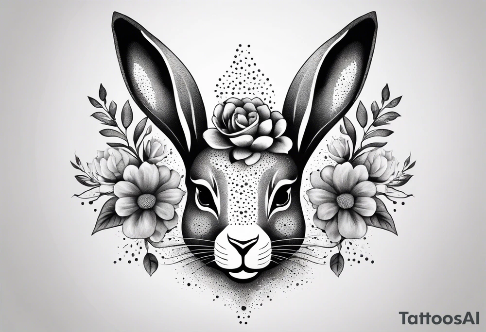 Rabbit head and flowers tattoo idea