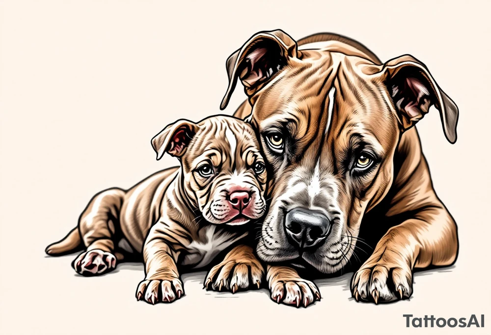 Pitbull mom and pup cuddling, warm brown tones with soft blending, delicate linework around eyes and noses for emotion. tattoo idea