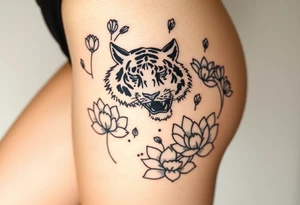 fierce tiger emerging through blooming lotus flowers in mist tattoo idea