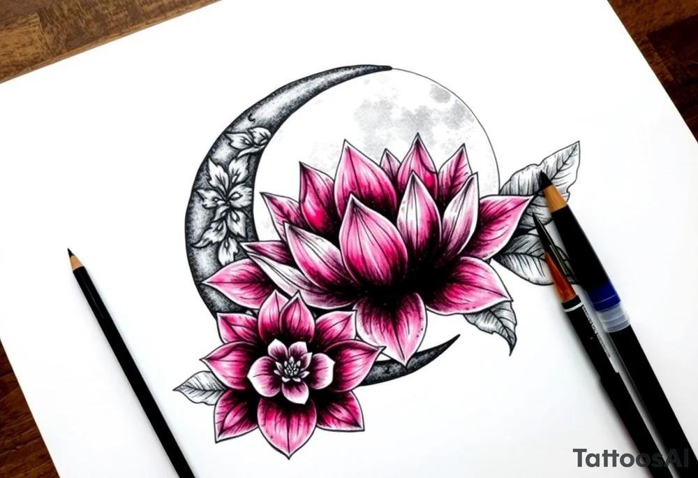 crescent floral moon with lotus flower tattoo idea