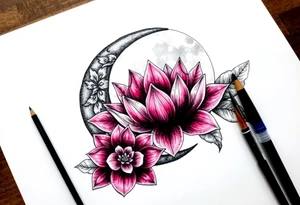 crescent floral moon with lotus flower tattoo idea