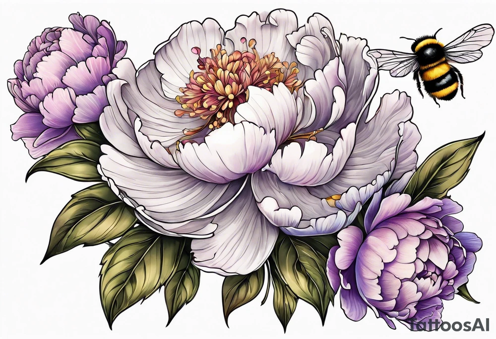 Vibrant peony with hydrangea and leaves and a bumblebee lilac flowers tattoo idea