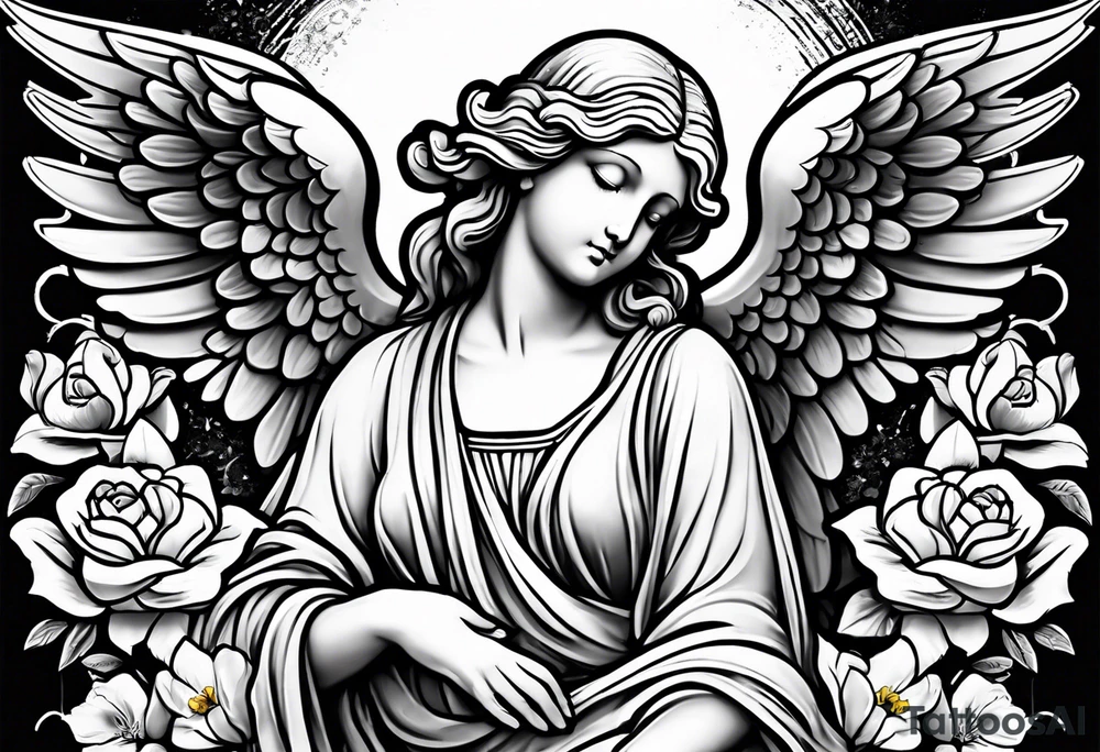 Simple Angel statue stood on a rock with daffodils and roses wrapped around its legs tattoo idea