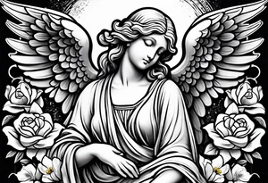 Simple Angel statue stood on a rock with daffodils and roses wrapped around its legs tattoo idea