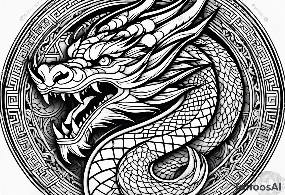 Fierce Chinese dragon black outline with orb tattoo idea