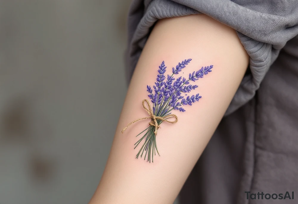 A small bundle of lavender tied with a rustic twine bow, with soft violet petals and faded green stems for a vintage feel. tattoo idea