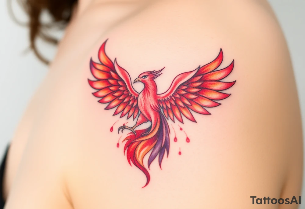 Square, phoenix rising from fire with both wings opened, colors red, pink, orange and purple. tattoo idea