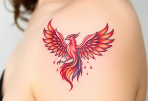 Square, phoenix rising from fire with both wings opened, colors red, pink, orange and purple. tattoo idea