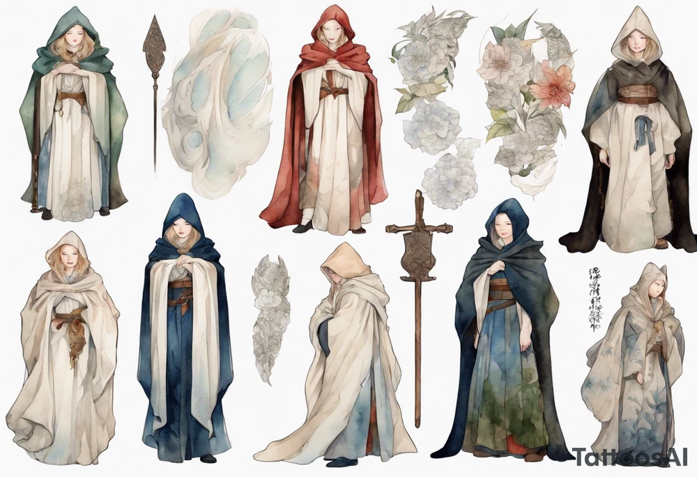 medieval Cate Blanchett dressed in white cloak, sad tattoo idea