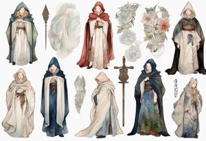 medieval Cate Blanchett dressed in white cloak, sad tattoo idea