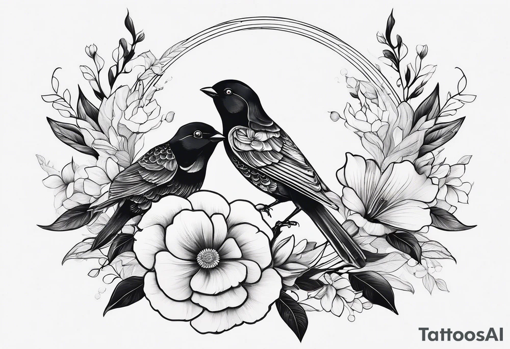 Two birds and flowers, fine line, minimal tattoo idea