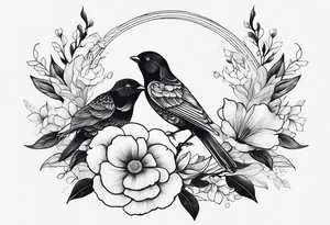 Two birds and flowers, fine line, minimal tattoo idea