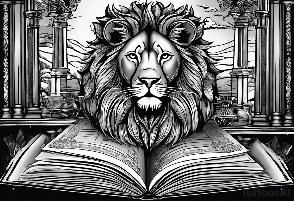 A book with the names Lyons, Mast, and Powers on the spine. There’s a glass of powers whiskey on top of the book, and a lion looking at it. tattoo idea