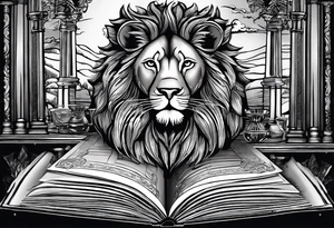 A book with the names Lyons, Mast, and Powers on the spine. There’s a glass of powers whiskey on top of the book, and a lion looking at it. tattoo idea
