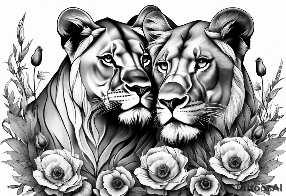 lioness and two poppy lion cubs tattoo idea