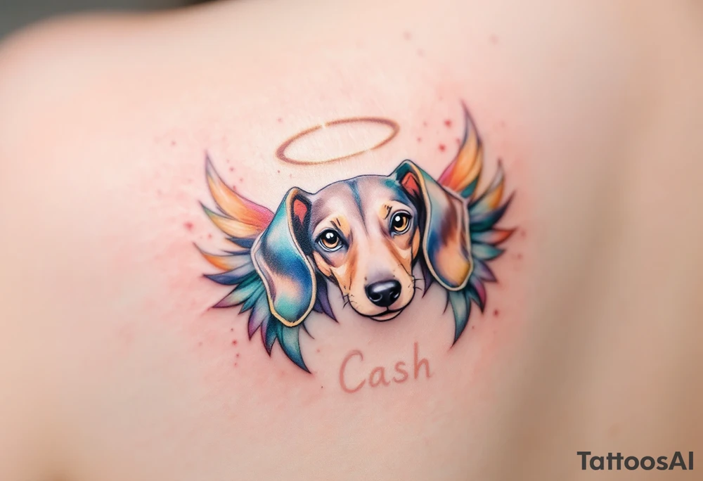 Dachshund ears between wings with a halo above and the name Cash tattoo idea