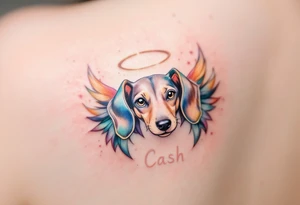 Dachshund ears between wings with a halo above and the name Cash tattoo idea