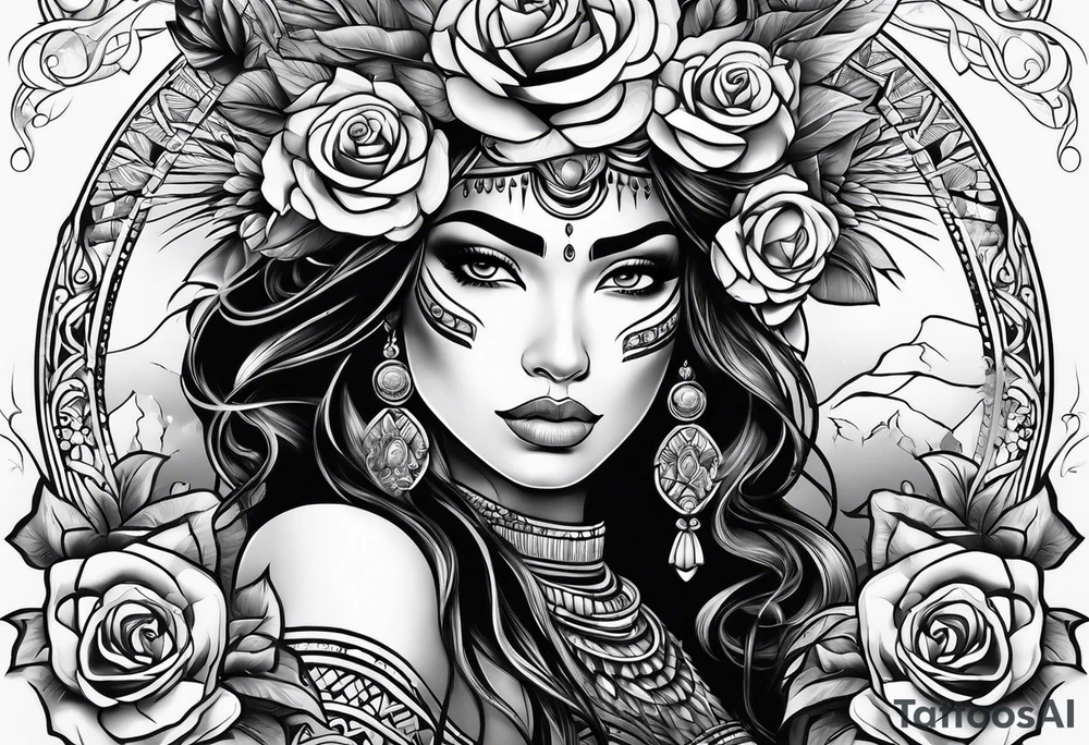 Mayan princess with roses & desert tattoo idea