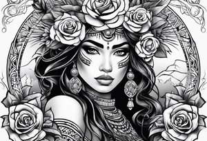 Mayan princess with roses & desert tattoo idea