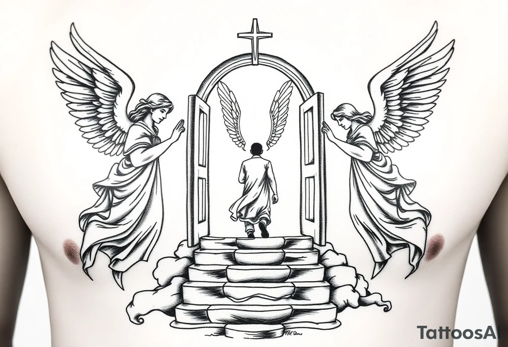 3 angels holding open the gates of heaven with the male figure walking up the steps.Saying fly high baby boy Realistic angels tattoo idea