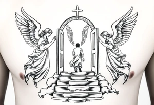 3 angels holding open the gates of heaven with the male figure walking up the steps.Saying fly high baby boy Realistic angels tattoo idea