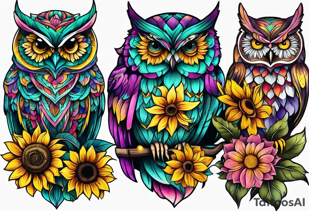 Leg Sleeve with teal, pink and purple owl and yellow sunflowers tattoo idea