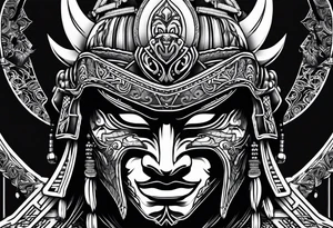 Black samurai mask with simple black stencil for shoulder tattoo idea