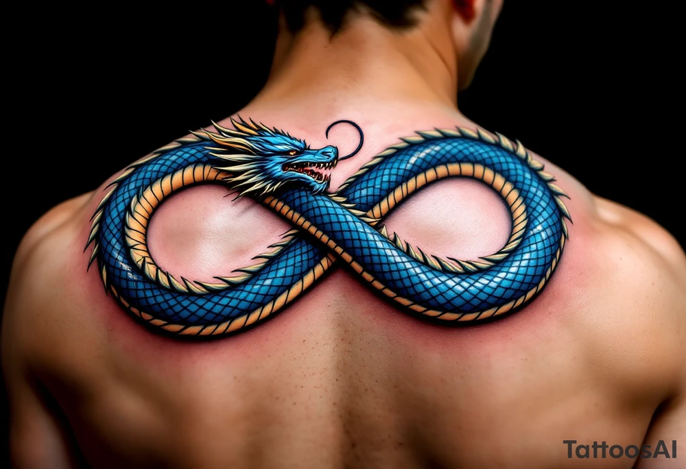 The design features a dragon, coiled in the shape of the infinity symbol (sideways number "8"). The dragon is depicted eating its own tail, symbolizing eternity and continuity, inspired by the Ouroboros.

Details:

The dragon's body has vibrant, glossy blue scales, with a smooth and polished texture.
It maintains a clean, balanced shape in the infinity figure, with sharp details and elegant flow.
Style:

The focus remains on the dragon's form, with no additional background elements to keep the design minimal and modern. tattoo idea