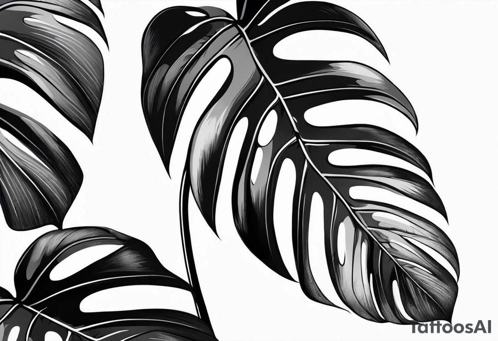 Abstract but realistic monstera leaf tattoo to go on the right leg on the outside of the leg next to the shin with a stem going down behind the ankle tattoo idea