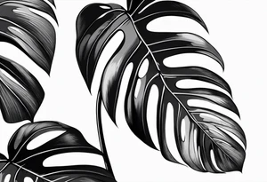 Abstract but realistic monstera leaf tattoo to go on the right leg on the outside of the leg next to the shin with a stem going down behind the ankle tattoo idea