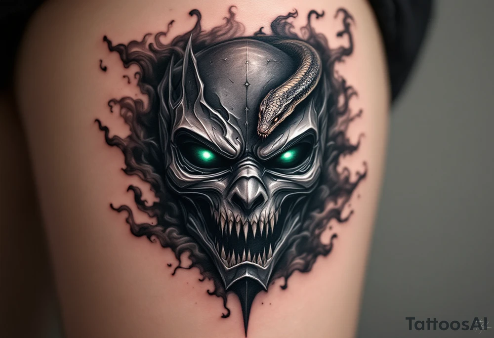 A detailed mask with a venomous snake coiled on the forehead, surrounded by swirling smoke and dark shadows. The mask’s sharp features have an eerie, haunting glow. Matte black with silver highlights for the mask, dark greys for shadows, and deep green for the snake’s eyes. tattoo idea