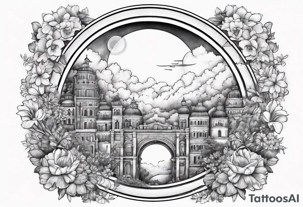 heaven town with arch
 in circle vignette surrounded by clouds flowers tattoo idea